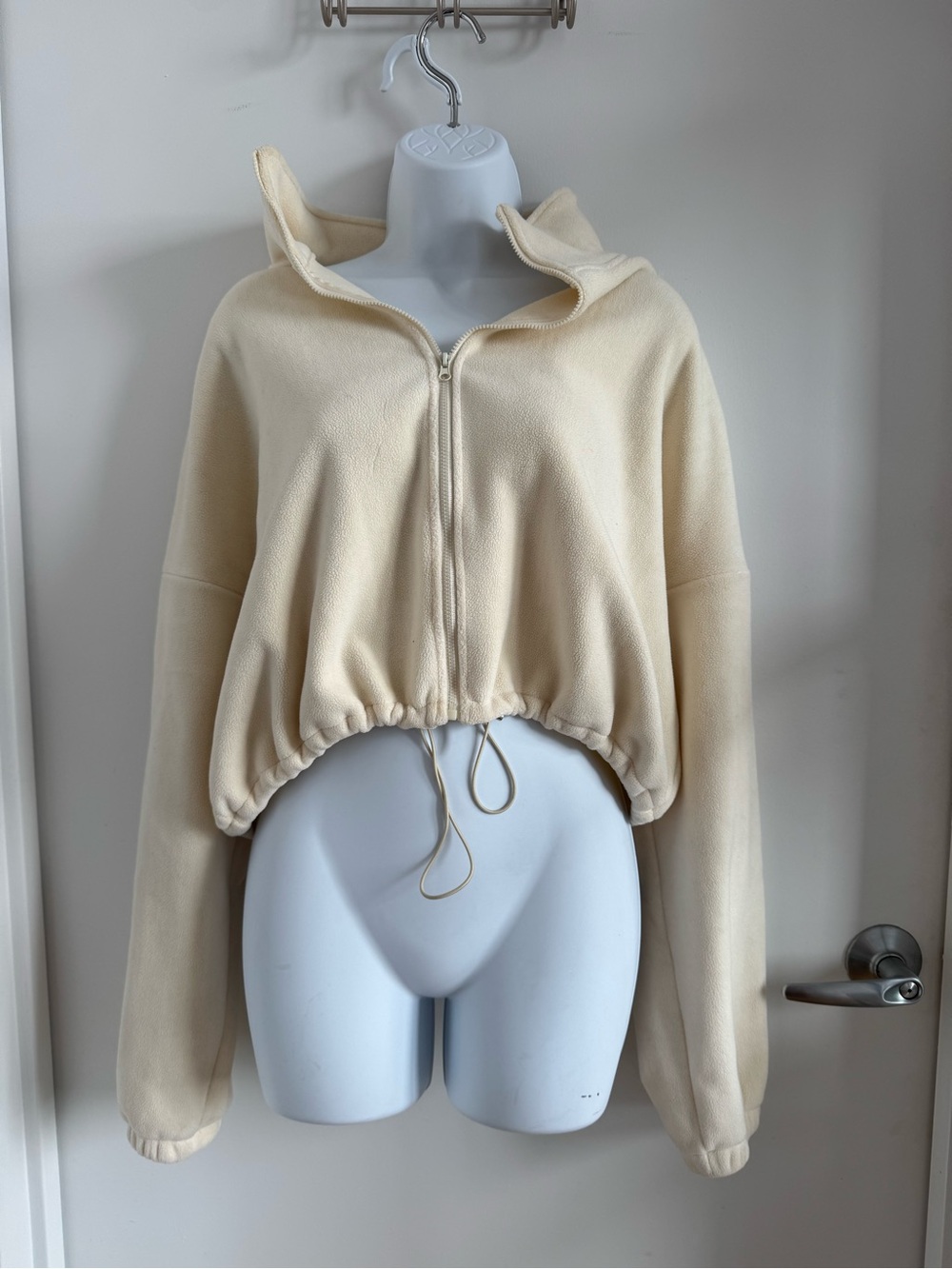 Cropped Cream Zip-Up Drawstring Fleece Sweatshirt